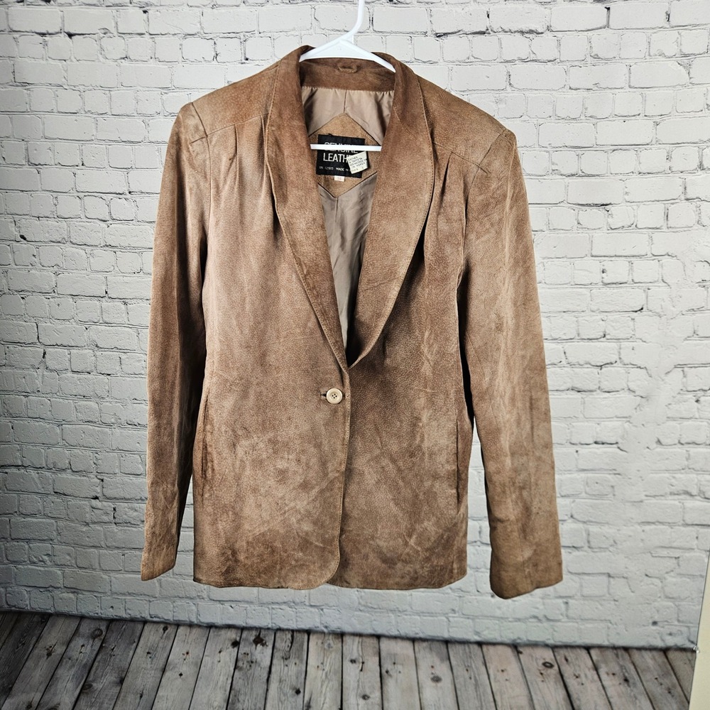 Vintage Genuine Leather Brown Suede Blazer Jacket Size 14 Western Shawl Collar